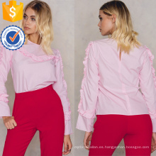 Lindo rosa de algodón con volantes de manga larga verano blusa de fabricación al por mayor de prendas de vestir de las mujeres de moda (TA0051B)